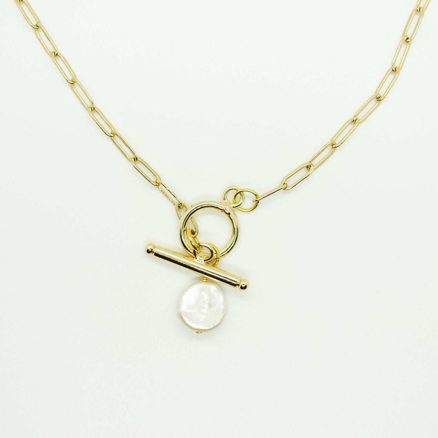 Gold Paperclip Chain Necklace with Coin Pearl Charm
